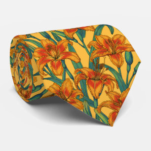 Tawny daylily flowers, blue and yellow tie