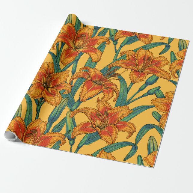 Tawny daylily flowers, blue and yellow wrapping paper (Unrolled)