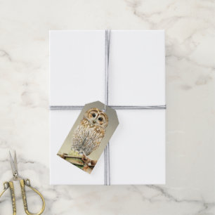 Tawny owl fine art painting Christmas gift tag