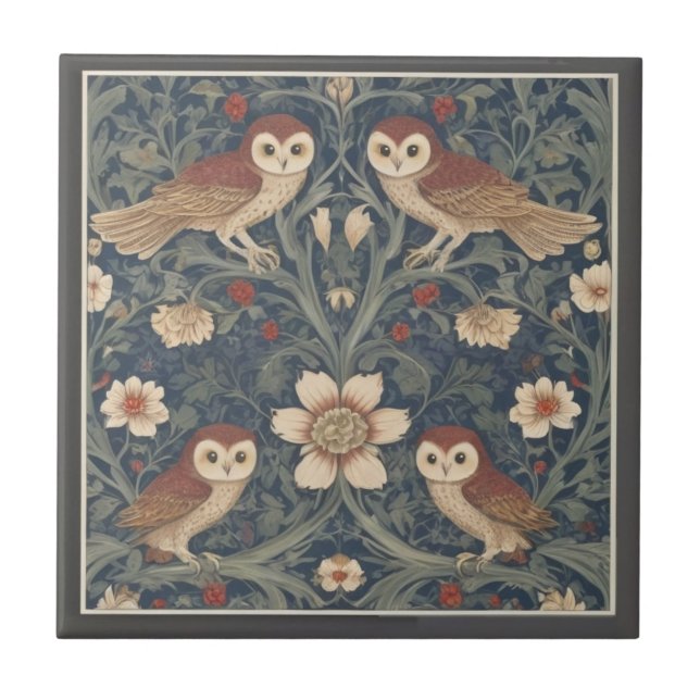 Tawny Owl Pattern William Morris style Owls Ceramic Tile (Front)