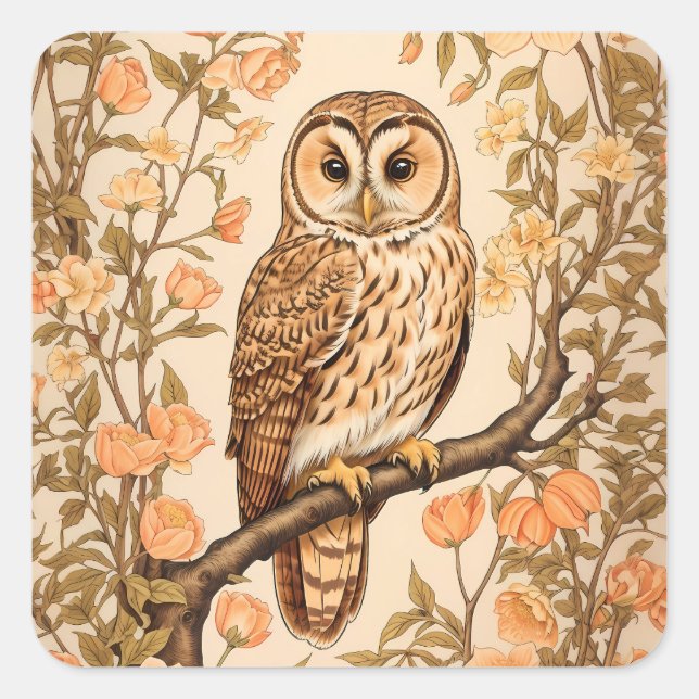 Tawny Owl Peach Blossoms William Morris Inspired Square Sticker (Front)