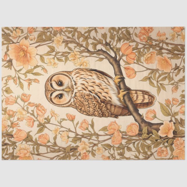 Tawny Owl Peach Blossoms William Morris Inspired Tissue Paper (Front)