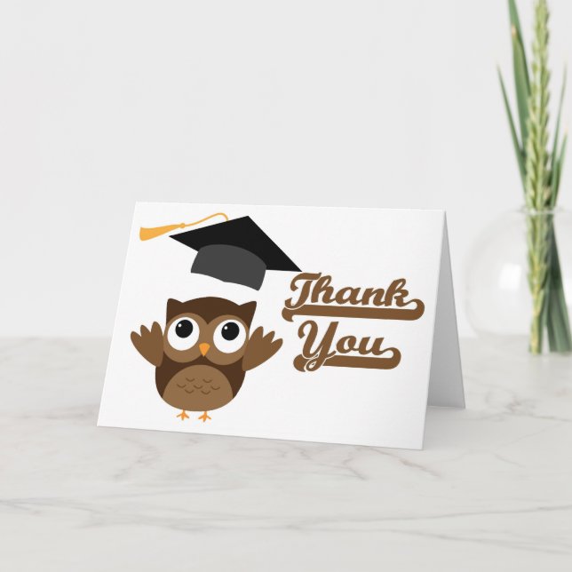 Tawny Owl Throwing Graduation Cap Thank You Card (Front)