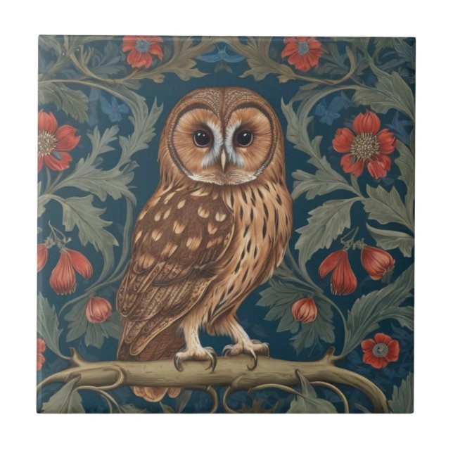 Tawny Owl William Morris style Right facing Ceramic Tile (Front)