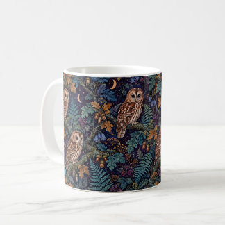 Tawny Owls with Oak Leaves and Crescent Moons Coffee Mug
