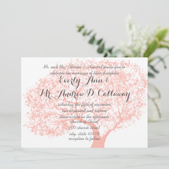 Tawny Peach and Flame Coral Forest Wedding Invitation (Standing Front)