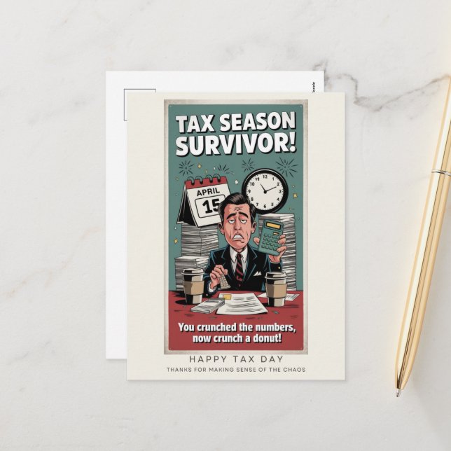 Tax Season Survivor Retro Humour Postcard (Front/Back In Situ)