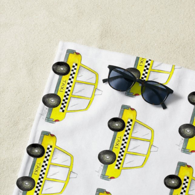 Taxi NYC Yellow New York City Chequered Cab Car Beach Towel (In Situ)