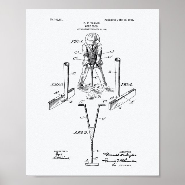 Taylor Golf Club 1905 Patent Art - White Paper Poster (Front)
