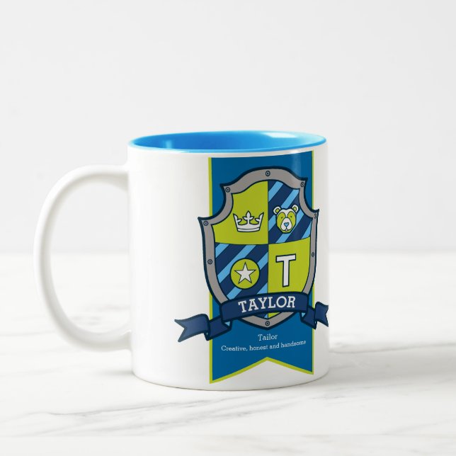 Taylor letter T crest blue green bear name meaning Two-Tone Coffee Mug (Left)