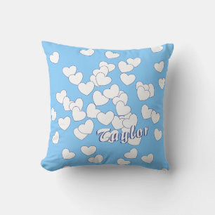 Taylor Name Template Light Blue White Hearts Kids Cushion