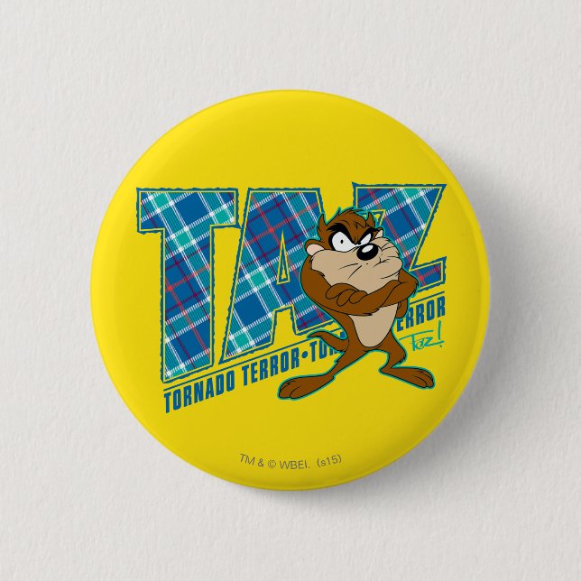 TAZ™ Tornado Terror Plaid 6 Cm Round Badge (Front)