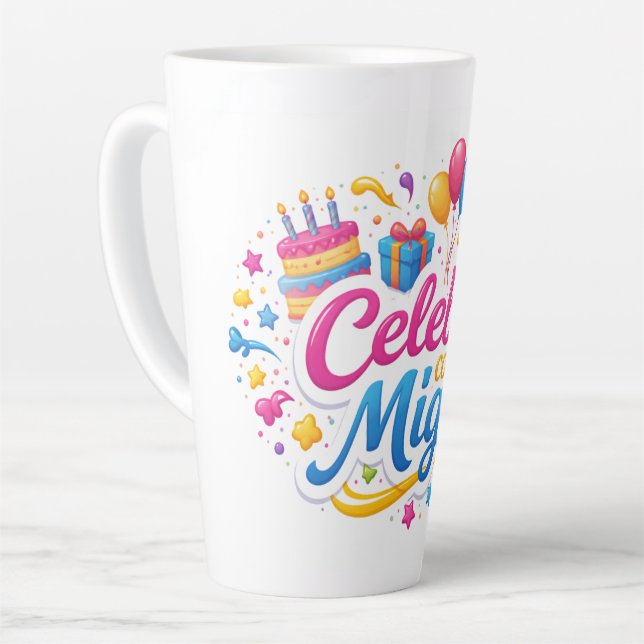 Taza de Café Latte con Diseño “Celebra Conmigo” |  Latte Mug (Left Angle)