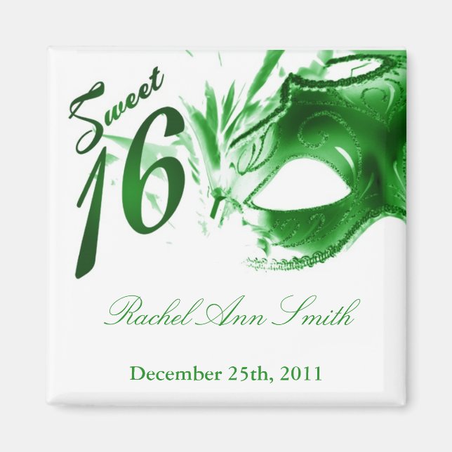 {TBA} 2"x2" Sweet 16 Green Party Favour Magnet (Front)