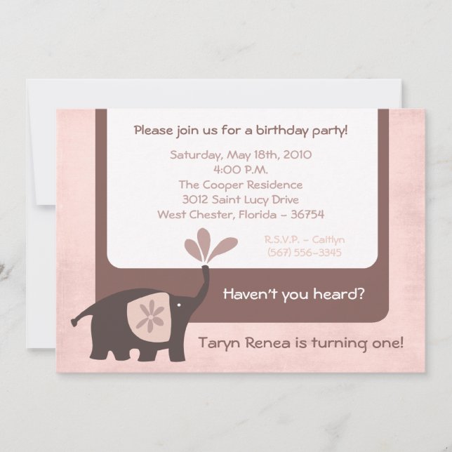 {TBA} 5x7 Purple Elephant Birthday Invitation (Front)