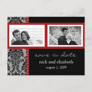 {TBA} Baroque Black Red Two-Photo Save the Date Announcement Postcard