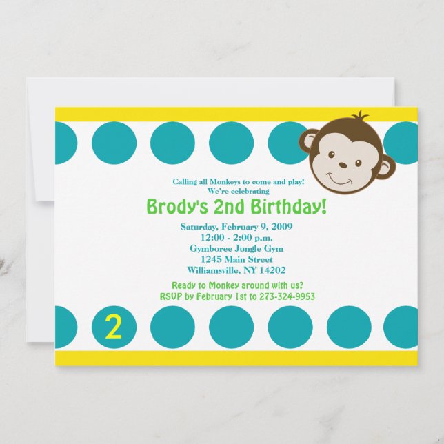 {TBA} Cute Mod Monkey Blue/Yellow Birthday 5x7 Invitation (Front)
