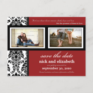 {TBA} Damask 2-Photo Red-Black-White Save the Date Announcement Postcard