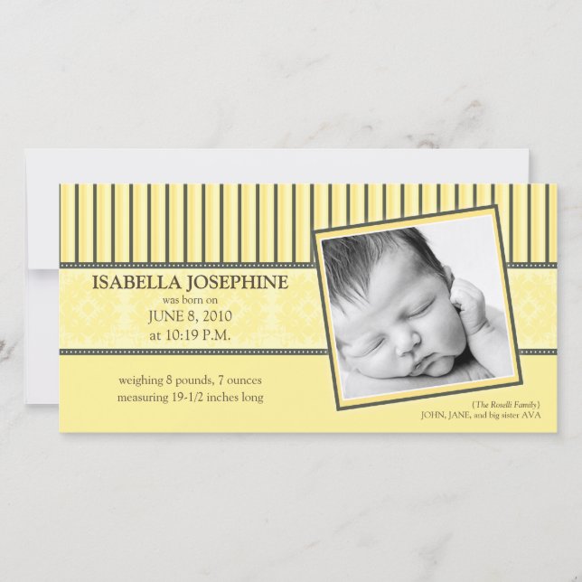 {TBA} Damask & Stripes Lemon  Birth Announcement (Front)