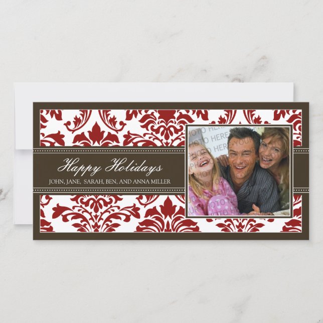{TBA} Elegant Brown & Red Damask Happy Holidays Holiday Card (Front)