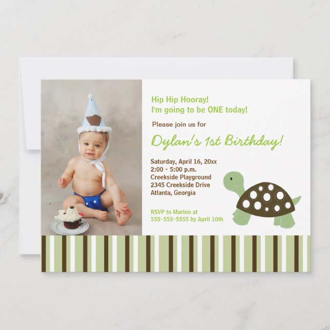 {TBA} Green Mod Dot Turtle Birthday Invitation 5x7 (Front)