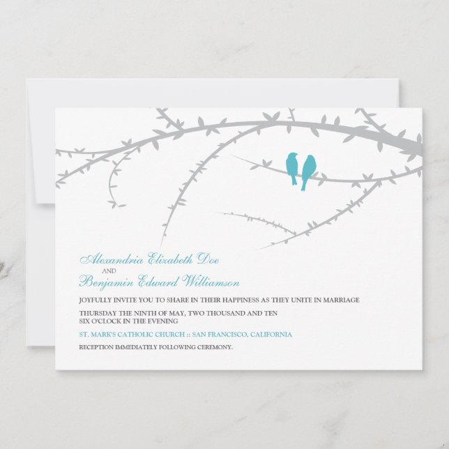 {TBA} Love Birds Wedding Invitation (aqua) (Front)