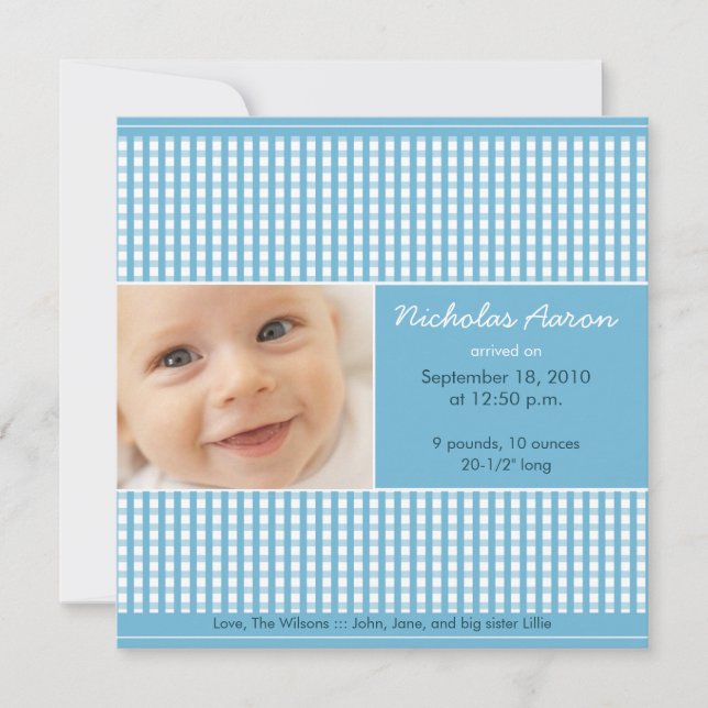 {TBA} Precious Gingham (blue) Birth Announcement (Front)