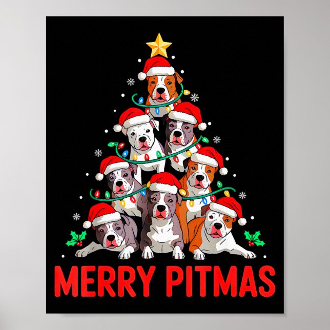 Tbull Dog Tree Xmas Light Santa Hat Christmas Merr Poster (Front)