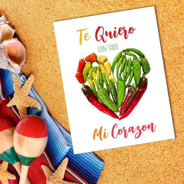 Te Quiero Chilli Peppers Heart Valentine's Postcar Postcard (te quiero con todo mi corazon)