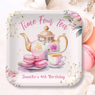 Tea 4th Birthday Pink Girl Tea  Party Paper Plate