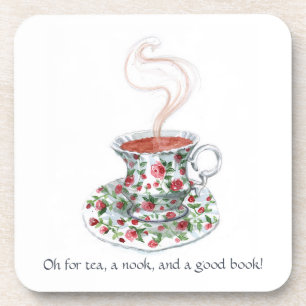 Tea, a nook, and a book! Tea slogan, vintage cup Coaster