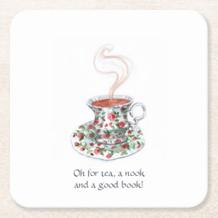 Tea, a nook, and a book! Tea slogan, vintage cup Square Paper Coaster
