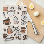 Tea and Coffee Shop Objects Pattern Tea Towel<br><div class="desc">Cafe or coffee shop collage on beige.</div>
