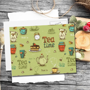 Tea and Honey Tea Time in Green Postcard