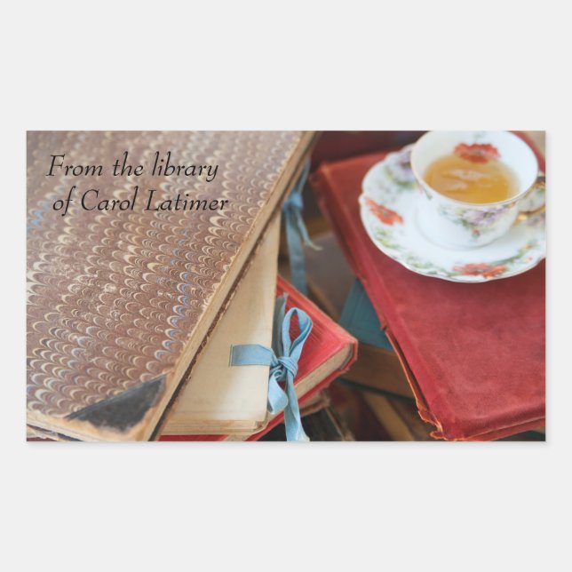 Tea and vintage books bookplate rectangular sticker (Front)