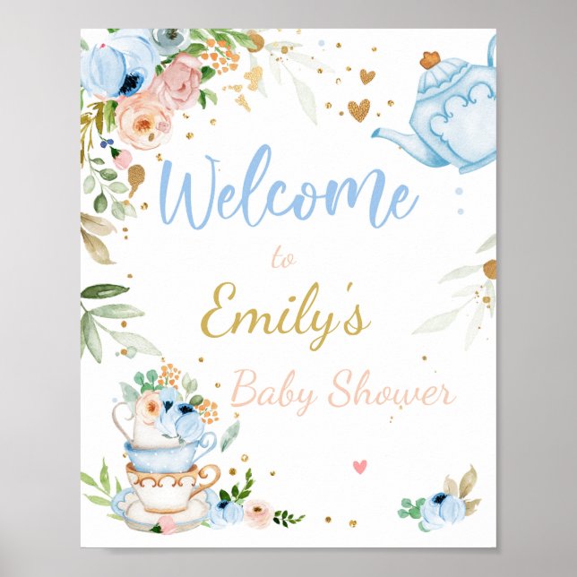Tea Baby Shower baby is Brewing Boy Welcome Sign (Front)