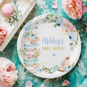 Tea Baby Shower Blue Flower Girl Baby is Brewing Paper Plate