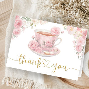 Tea Baby Shower Girl Pink Floral Folded Thank You Card