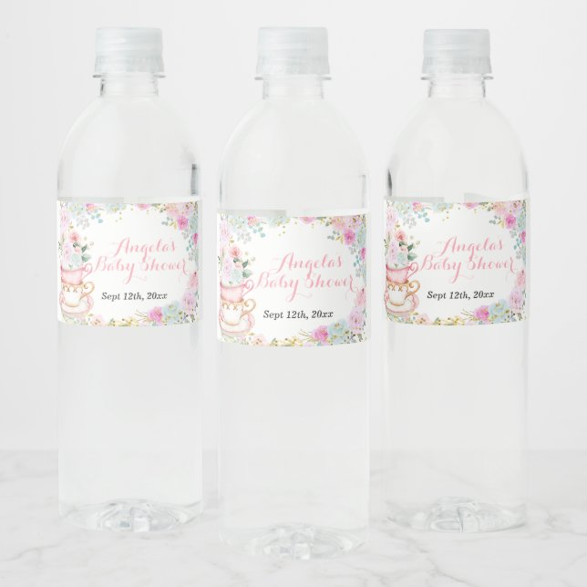 Tea Baby Shower Pastel Floral Water Bottle Label (Bottles)