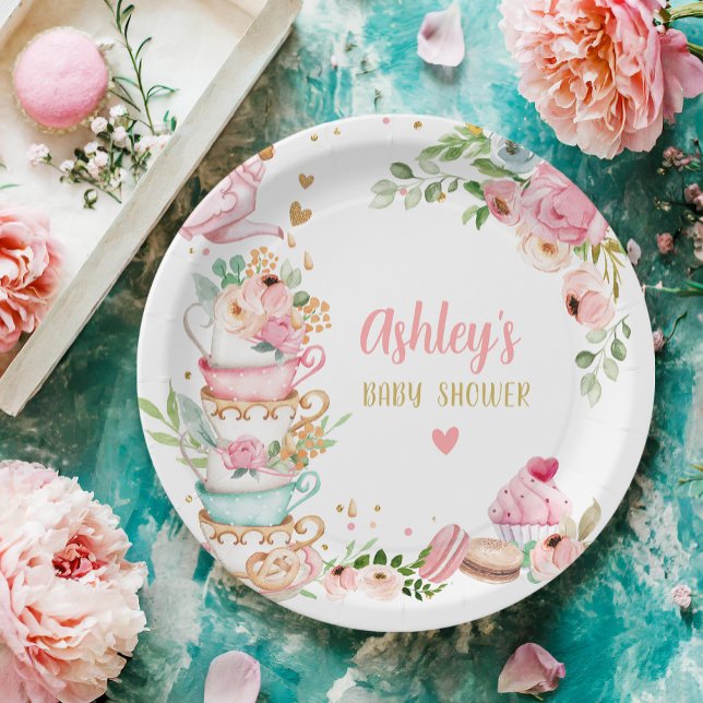 Tea Baby Shower Pink Flower Girl Baby is Brewing Paper Plate (Creator Uploaded)