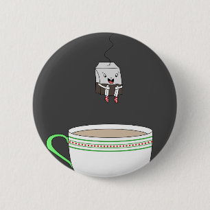 Tea bag jumping in cup of tea 6 cm round badge