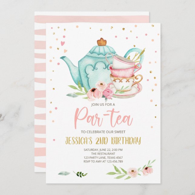 Tea Birthday Invitation Girl Party Par-tea Floral (Front/Back)