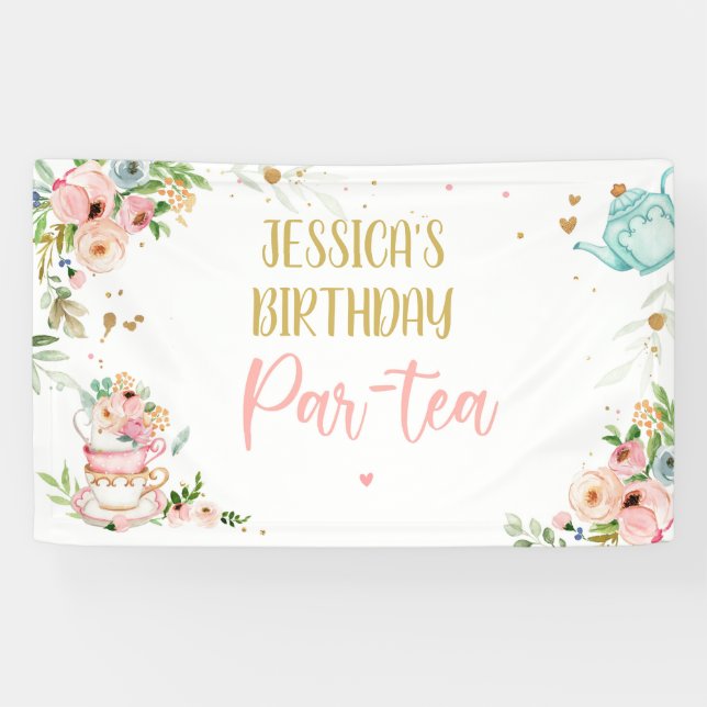 Tea Birthday Part Par-tea Floral Tea Girl Backdrop Banner (Horizontal)