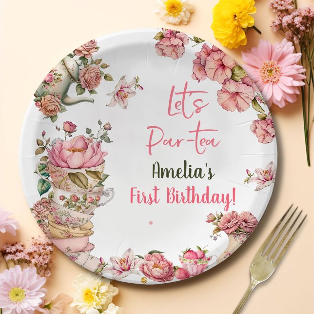 Tea Birthday Party Pink Flower Girl Par-tea Floral Paper Plate (Creator Uploaded)