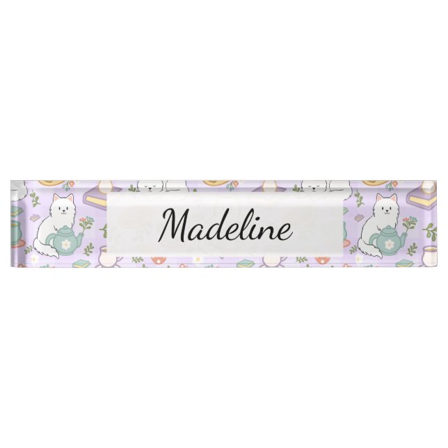 Tea & Bookish Cats Personalized Desk Nameplate (Front)