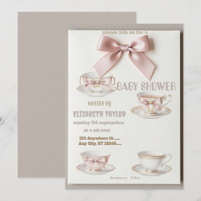 tea bow  coquette baby shower Invitation (Front/Back)