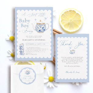 Tea Brewing Blue Script Elegant Boy Baby Shower Classic Round Sticker