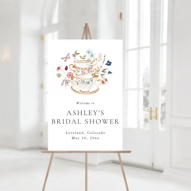 Tea Bridal Shower Sign (Elegant Floral Tea Bridal Shower Sign with Butterfly by Painted Paperie
)