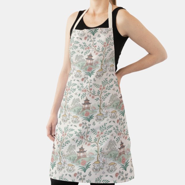 Tea Chinoiserie French Toile Du Jouy Pattern Apron (Insitu)