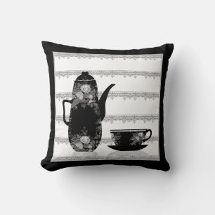 Tea coffee pot cup black white illustration retro cushion